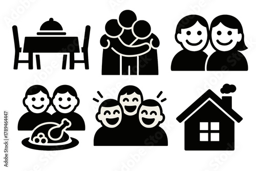 Brutalist Family Icons. Family Gathering silhouette icon set: dinner table, group hug, smiling faces, shared meal, laughter moment, cozy home.