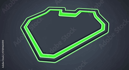 An abstract, stylized racetrack outline with a bright green glow against a dark gray background.