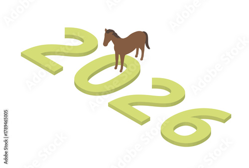 Isometric 2026 New Year Horse Illustration on Green Numbers