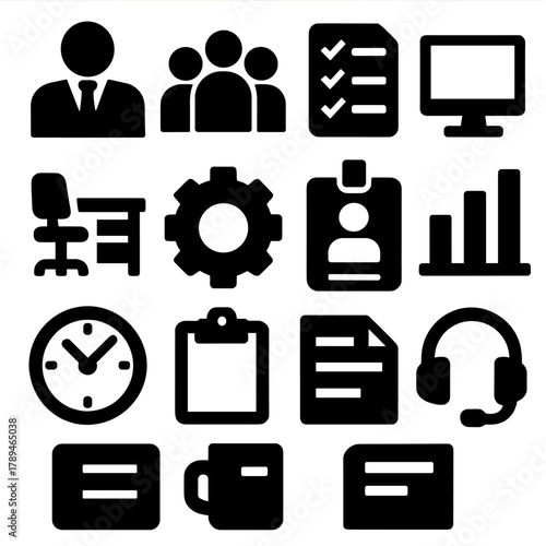 Bold Workplace Icons. Workplace Supervision silhouette icon set: manager figure, employee group, checklist, computer screen, office desk, gear, ID badge, bar chart, clock,