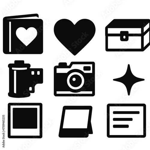 Brutalist Memory Icons. Cherished Memories Icons silhouette icon set: photo album, heart, vintage camera, keepsake box, film roll, instant photo, star glow, note card