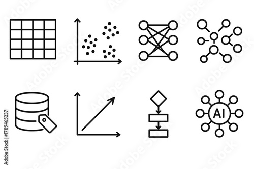 AI Learning Icons. Unsupervised Learning linear icon set: data matrix, scatter plot clusters, neural grouping, pattern mapping, algorithm flowchart, unlabeled data icon, feature