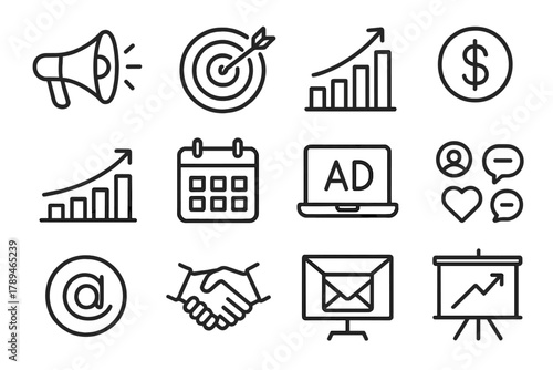 Marketing Icons Overview. Marketing Audience Reach linear icon set: megaphone, target board, bar chart, dollar sign, growth arrow, calendar, ad banner, laptop, social icons, email