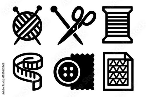 Bold Knitting Icons. Knitting Essentials silhouette icon set: yarn ball, knitting needles, scissors, thread spool, measuring tape, button, fabric, pattern sheet.
