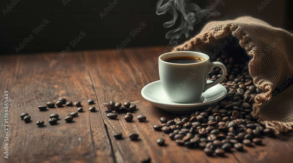 Fototapeta premium Tazza di caffè fumante con chicchi sparsi su tavolo di legno. Generative AI