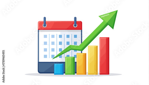 Business growth and planning success. Calendar, bar chart, and upward arrow symbolize progress, financial development, and future achievements over time