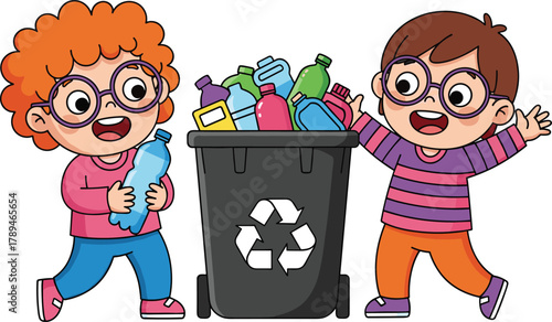 Children recycling plastic bottles, environmental awareness, sustainability education, flat vector illustration, cad drawing style, eco-friendly kids activity concept