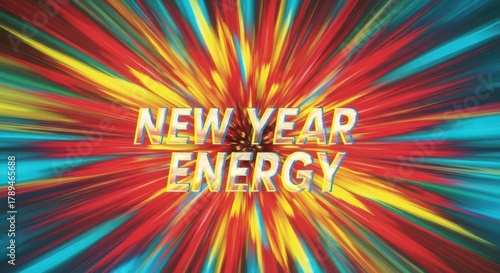 Explosion of colorful light streaks radiating outwards with the text new year energy in the center