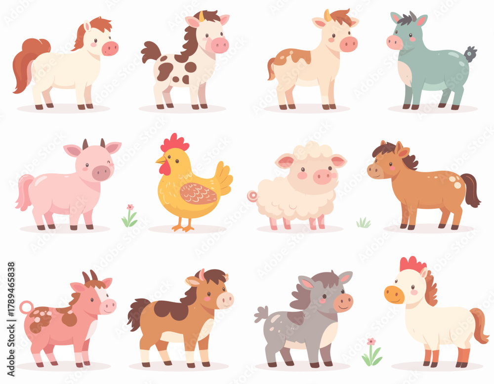 Obraz premium Cute Farm Animals Illustration Adorable Set of Livestock Cartoon Characters