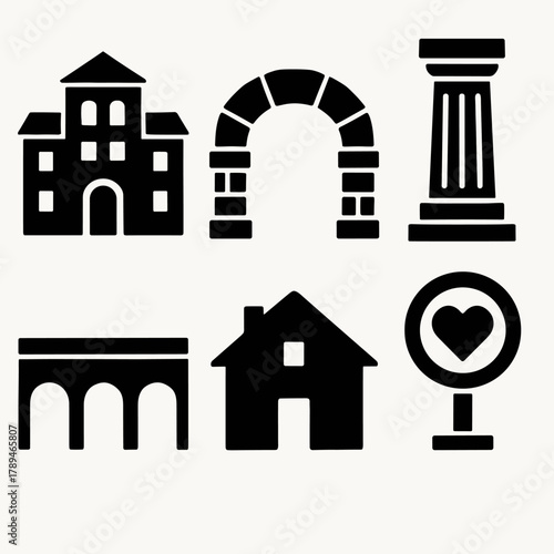 Bold Heritage Icons. Architectural Heritage silhouette icon set: historic building, stone arch, monument column, old bridge, heritage house, preservation sign.