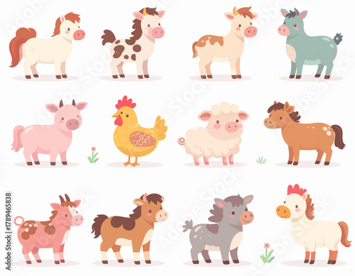 Cute Farm Animals Illustration Adorable Set of Livestock Cartoon Characters