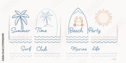 Whimsical hand drawn summer beach icons and text for vacation and coastal themes