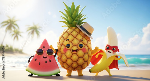 Fototapeta Naklejka Na Ścianę i Meble -  Cartoon fruits enjoying a summer day at the beach with palm trees and ocean waves in the background
