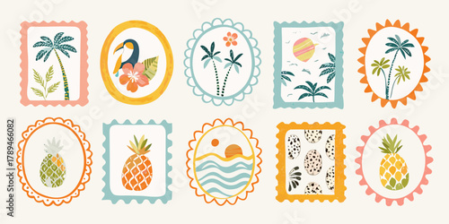 Collection of playful tropical themed postage stamps with palm trees toucans pineapples and sunsets