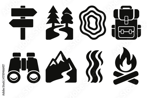 Brutalist Hiking Icons. Hiking Map silhouette icon set: trail sign, forest path, elevation lines, backpack, binoculars, mountain peak, water stream, campfire.