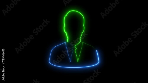 neon man icon animated on a black background in blue color. glowing neon Business man avatar profile. Glowing neon person or people sign animation. man symbol icon.4k video