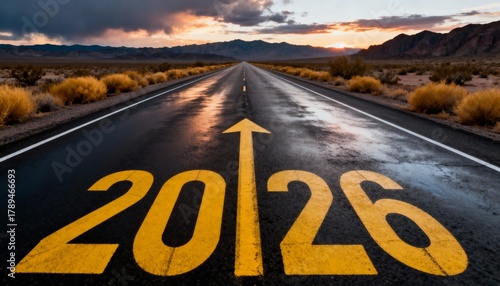 Road to 2026 with arrow and sunset horizon