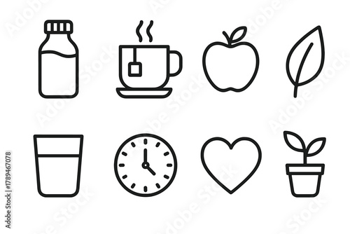 Detox Essentials Icons. Healthy Detox Set linear icon set: juice bottle, green tea, fruit, leaf, water glass, clock, heart, plant.