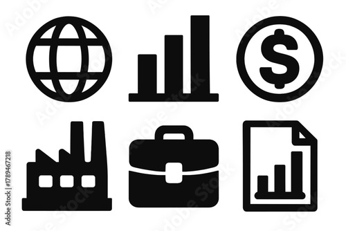 Global Economy Icons. Global economy silhouette icon set: globe, bar chart, dollar coin, factory, briefcase, document chart.