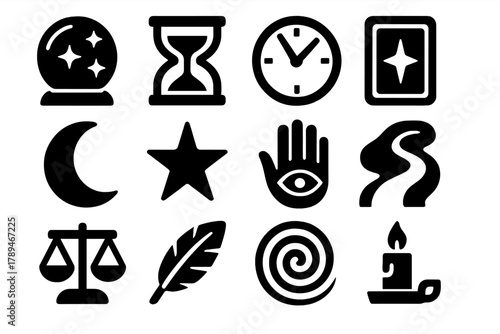 Bold Fate Icons. Fate silhouette icon set: crystal ball, hourglass, clock, tarot card, moon, star, hand with eye, path, scales, feather, destiny spiral, candle.