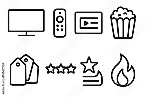 Entertainment Icons Display. Entertainment Platform linear icon set: TV screen, remote control, popcorn box, play queue, rating stars, category tags, trending flame, playlist icon.