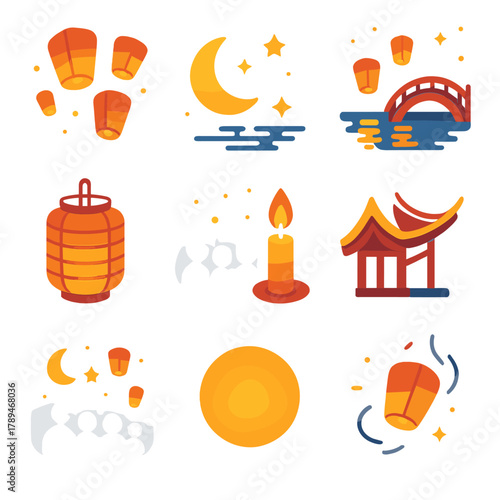 Isometric Lantern Festival Icons. Lantern Festival Night modern flat icons set: floating lanterns, moon, stars, reflection on water, bridge, paper lantern, crowd silhouettes,