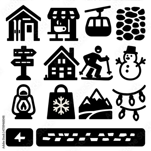 Ski Resort Icons. Ski Resort Village silhouette icon set: ski shop, cafe, ski lift, cobblestone street, signage post, lodge, skier, snowman, lantern, souvenir bag, mountain view,