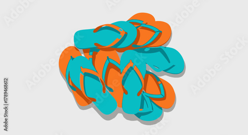 A collection of colorful flip-flops arranged in an overlapping, abstract composition.