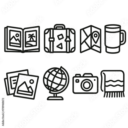 Travel Icon Set. Year-Round Travel Memories linear icon set: photo album, suitcase, map, travel mug, postcards, globe, camera, cozy blanket.