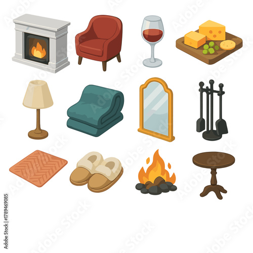 Luxury Fireplace Icons. Luxury fireplace suite set modern flat icons set: marble fireplace, velvet armchair, wine glass, cheese board, designer lamp, plush throw, grand mirror,
