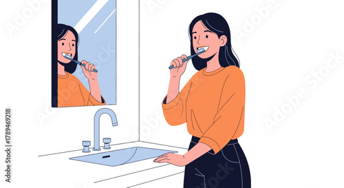 A clean and minimalist flat design illustration depicting a young lady performing her morning oral hygiene routine in a contemporary bathroom setting. This vector artwork showcases daily self-care.