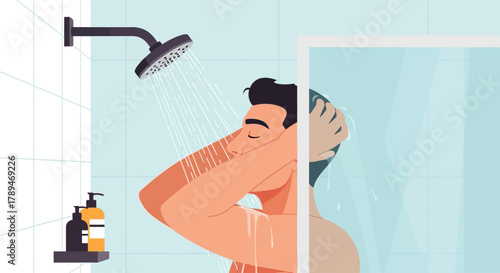 A crisp flat design illustration showcasing a person taking a refreshing shower in a minimalist bathroom setting. This clean vector image symbolizes daily cleansing and personal hygiene.