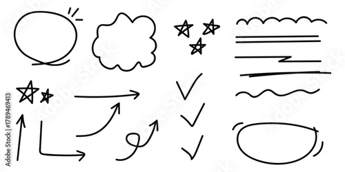 Check mark, underline, circle icon set vector. Hand drawn doodle sketch red marker stroke emphases, highlight, check mark symbol. vector illustration.