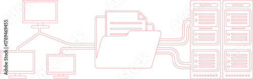 Outline Illustration of Networked Computers, Folder, Files, and Servers Connected by Lines