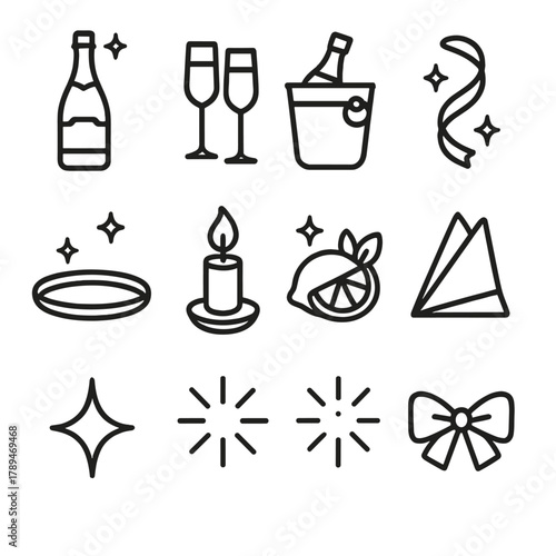 Elegant Celebration Icons. Luxury Event Drinks linear icon set: champagne bottle, flute pair, ice bucket, ribbon, golden tray, candle flame, fruit garnish, folded napkin, crystal