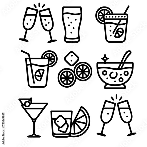Festive Drink Icons. Festive Drinks linear icon set: champagne, cider, sparkling water, cocktail, punch bowl, straw, ice cubes, lemon slice, sugar rim, garnish, glass clink, glow.