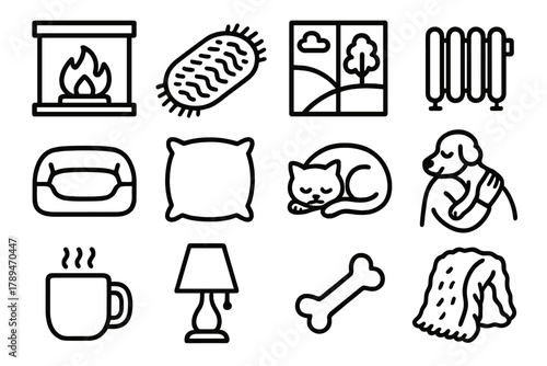 Cozy Indoor Elements. Indoor Comfort linear icon set: fireplace, cozy rug, pet cushion, window view, heater, soft pillow, sleeping cat, cuddling dog, mug, lamp, toy bone, fuzzy