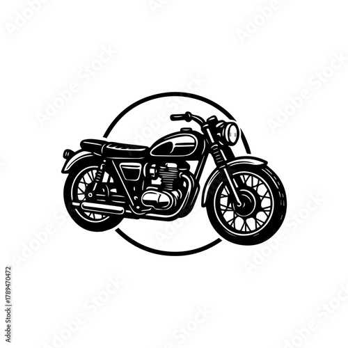 Timeless monochrome illustration of a classic motorcycle, ideal for emblems, logos, and designs evoking nostalgia, freedom, and the open road. Vintage bike artwork
