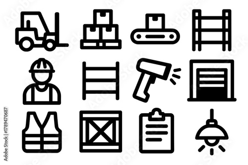 Brutalist Warehouse Icons. Warehouse Operations silhouette icon set: forklift, stacked boxes, conveyor belt, pallet, worker, shelf, barcode scanner, loading dock, safety vest,