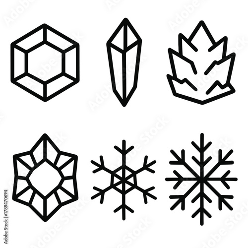 Geometric Ice Patterns. Geometric Ice Designs linear icon set: hexagonal crystal, sharp prism, layered frost, polygon shimmer, frozen web, fractal star.