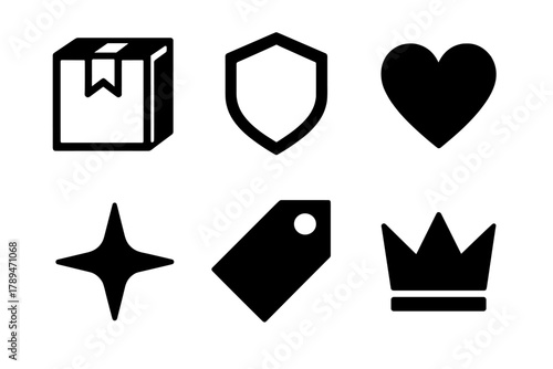 Brutalist Icon Set. Collector’s Edition Design silhouette icon set: sealed box, emblem, heart, tag, sparkle, crown.