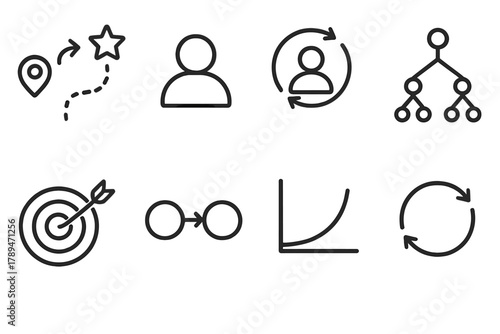 Reinforcement Learning Icons. Reinforcement Learning linear icon set: reward path, agent icon, feedback loop, decision tree, goal target, state transition diagram, algorithm curve,