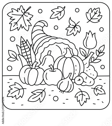 Thanksgiving cornucopia with pumpkins and fruits coloring page