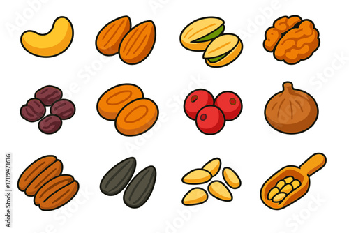Vibrant Nut Icons. Nut & Dried Fruit Mix modern flat icons set: cashews, almonds, pistachios, walnuts, raisins, dried apricots, cranberries, figs, pecans, sunflower seeds, pine