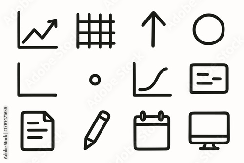 Doodle Graph Icons. Simple Line Graphs outline icons: line chart, grid, upward arrow, point marker, axis lines, minimal dot, trend curve, chart legend, document, pencil, calendar,
