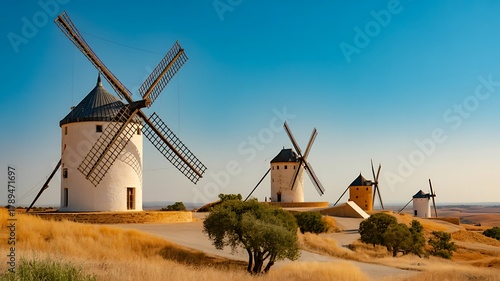 Scenic View of Classic Windmills on Rolling Spanish Hillside Photo