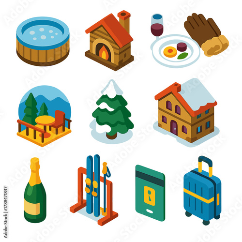 Luxury Alpine Icon Set. Luxury alpine getaway icons modern flat icons set: spa jacuzzi, cozy chalet fireplace, fine dining plate with wine glass, fur-lined gloves, scenic terrace