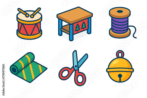 Elf Workshop Icons. Elf Workshop modern flat icons set: toy drum, workbench, spool of thread, wrapping paper, scissors, jingle bell.