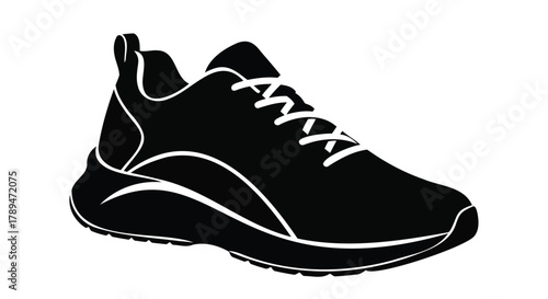Vector illustration of black silhouette of a modern athletic sneaker with white laces and sole details