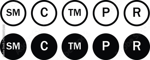 Copyright and registered trademark vector symbols set, intellectual property protection icons collection, legal rights logo design, black and white circle signs